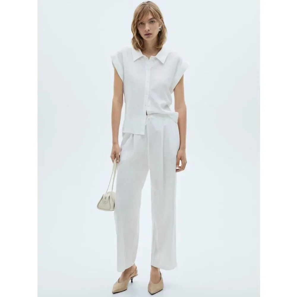 Mango Co-Ord Linen Set Flowy Pants and Blouse New